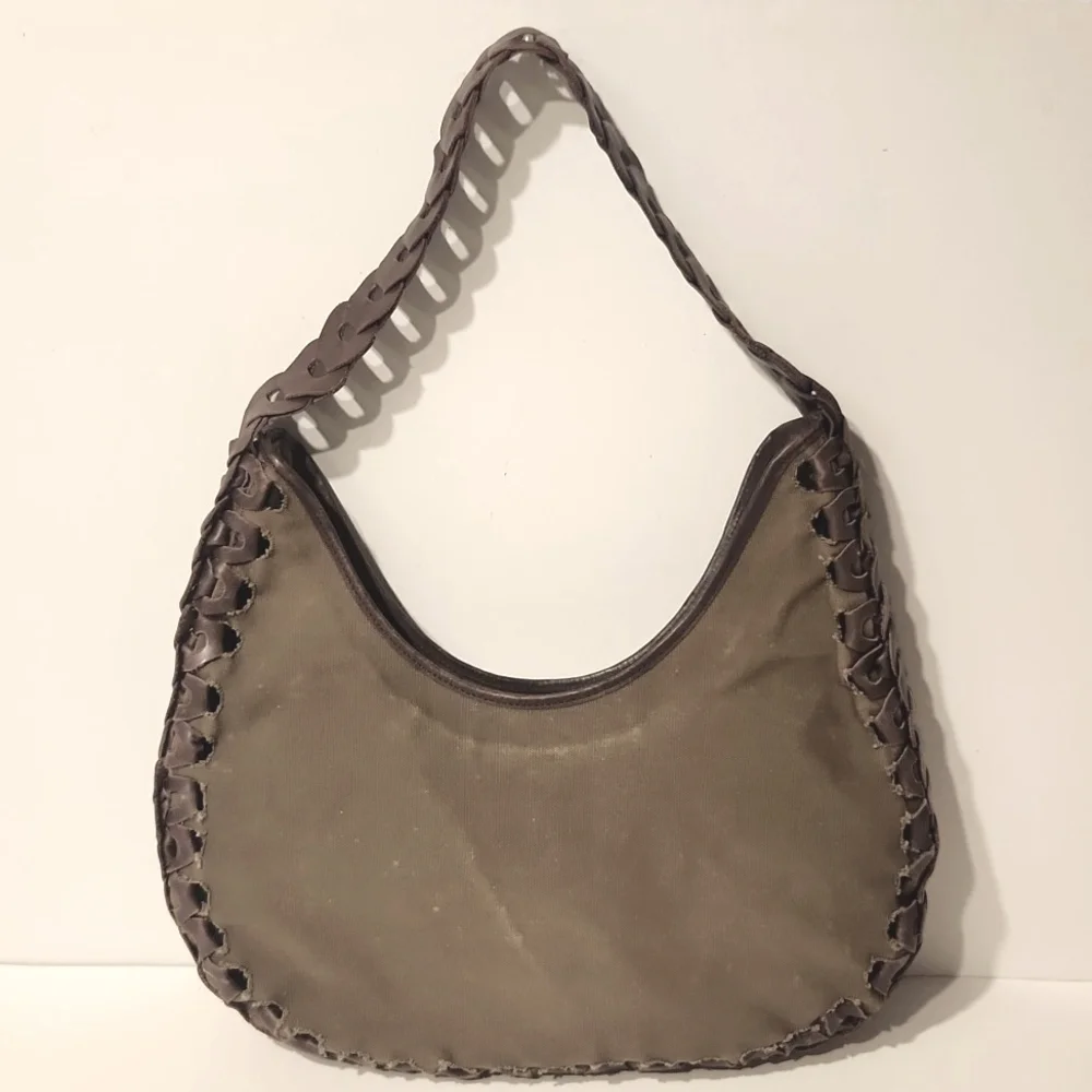 RARE! Cortefiel Canvas & Leather Hobo Shoulder Bag Sage Green & Brown